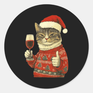 Kerstkat vindt Schattige Kat die Wijn Drinkt Met S Ronde Sticker