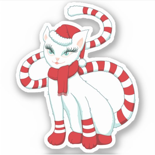 Kerstkat Witte Kat Sticker (Voorkant)