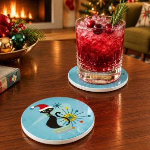 Kerstkat zandstenen onderzetter in mid-century sti