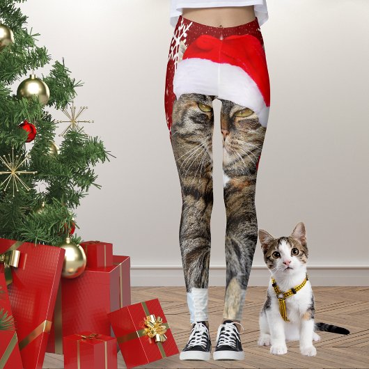 Kerstkatfoto in Santa Hat Snowflake in het rood Leggings