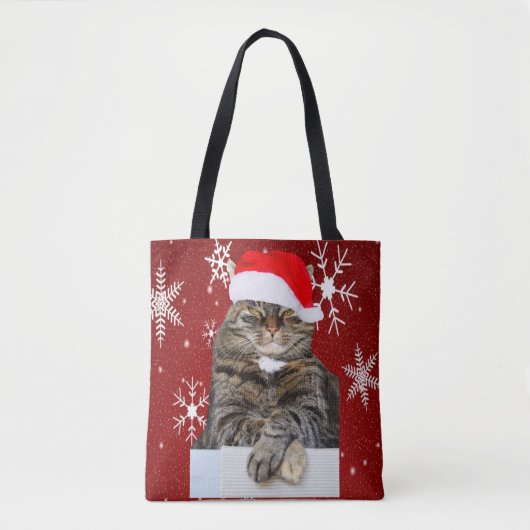 Kerstkatfoto in Santa Hat Snowflake in het rood Tote Bag (Voorkant)