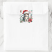 Kerstkatje Met Kerstmannen Hoed Vierkante Sticker (Tas)