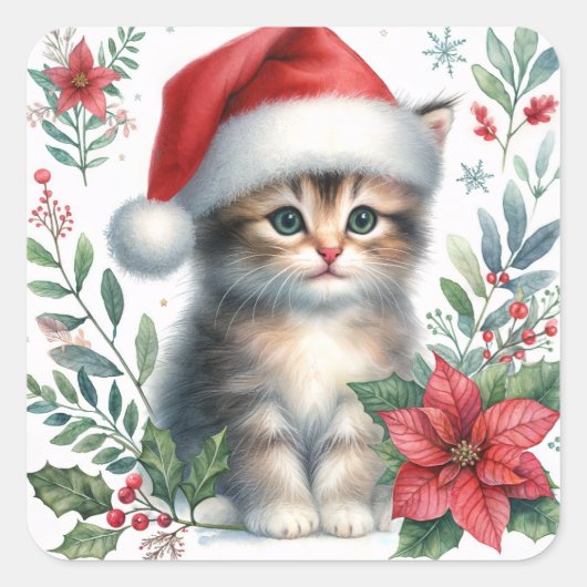 Kerstkatje Met Kerstmannen Hoed Vierkante Sticker (Voorkant)