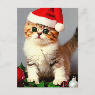 Kerstkatje met kerstmuts in vintage stijl feestdagenkaart