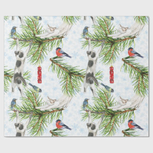 Kerstkatje met vogels cadeaupapier