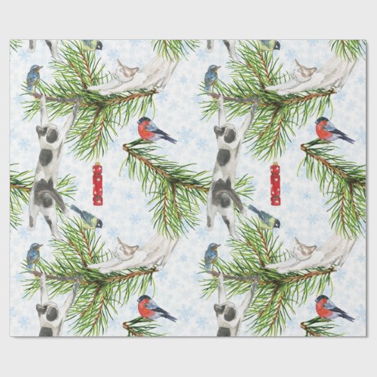 Kerstkatje met vogels cadeaupapier (Vlak)