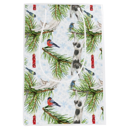 Kerstkatje met vogels medium cadeauzakje (Voorkant)