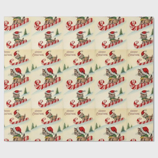 Kerstkatje rijdt op een zuurstok cadeaupapier (Vlak)