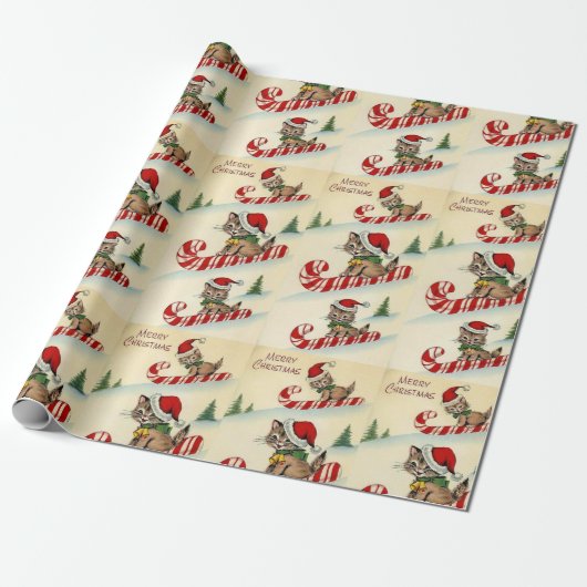 Kerstkatje rijdt op een zuurstok cadeaupapier (Uitgerold)