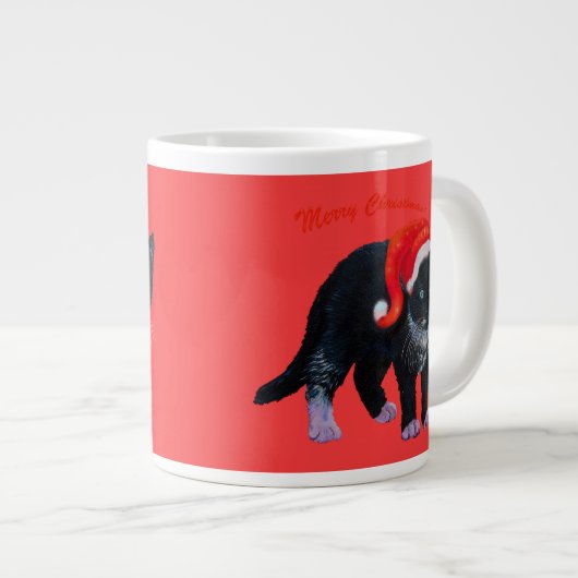 Kerstkatje Tuxedo op rood Grote Koffiekop (Voorkant rechts)