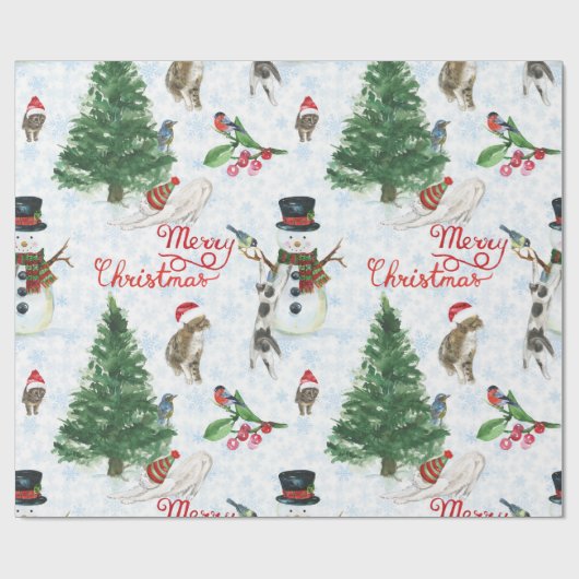 Kerstkatjes en Sneeuwmannen Cadeaupapier (Vlak)