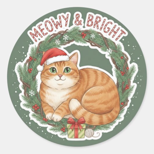 Kerstkatsticker - Grappige Kerstmanhoed Kitten Ronde Sticker (Voorkant)