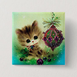 kerstkattefeestknop met retro-kerstkeuken vierkante button 5,1 cm