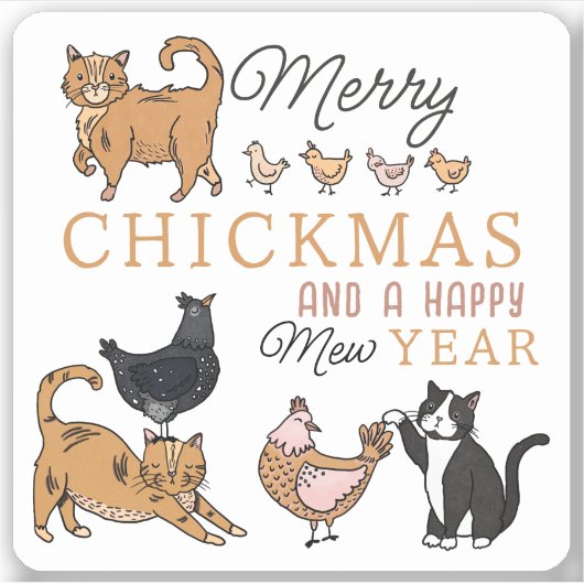 Kerstkatten en kippen Funny Pun Sticker (Voorkant)