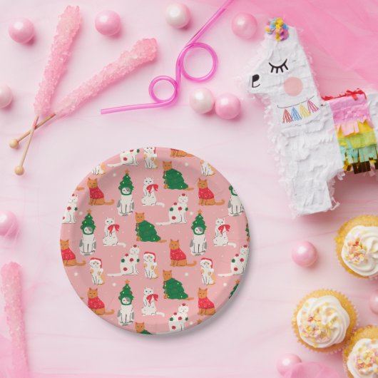Kerstkatten in feestelijke kleding patroon papieren bordje (Feest)