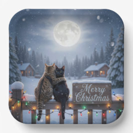 Kerstkatten knuffelen op een besneeuwde omheining papieren bordje