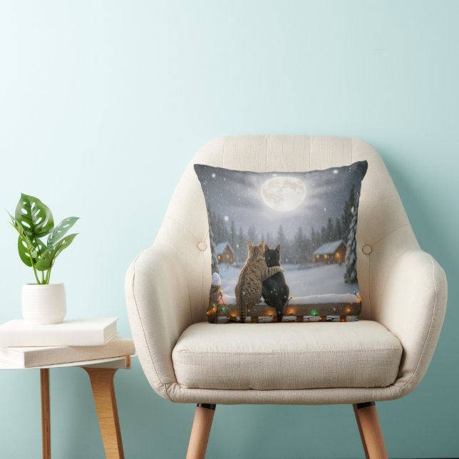Kerstkatten Knuffelen Op Een Besneeuwde Schutting Kussen (Stoel)