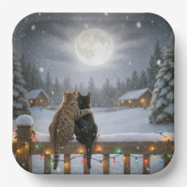 Kerstkatten Knuffelen Op Een Besneeuwde Schutting Papieren Bordje