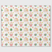 kerstkatten met bomen op wit omslagpapier cadeaupapier (Vlak)