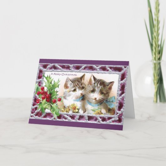 Kerstkatten met Holly en Daisies Feestdagen Kaart (Voorkant)