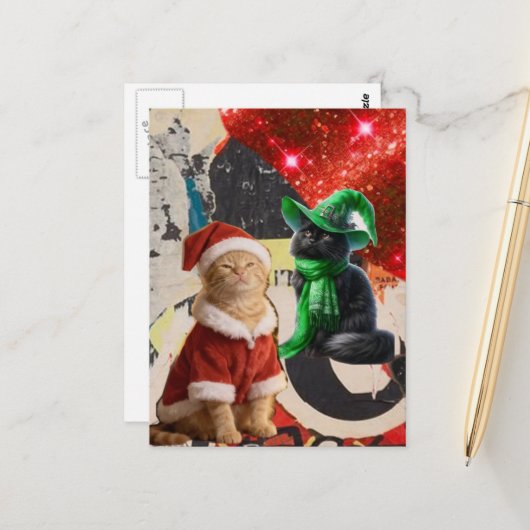 Kerstkatten Mixed Media Collage Briefkaart (Voorkant / Achterkant in situ)