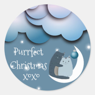 Kerstkatten op maan ronde sticker