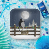 Kerstkatten op Omheining met maan Papieren Bordje (Feest)