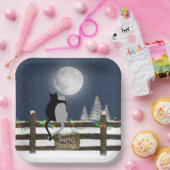 Kerstkatten op Omheining met maan Papieren Bordje (Feest)