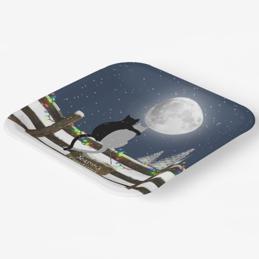 Kerstkatten op Omheining met maan Papieren Bordje (Gebogen)