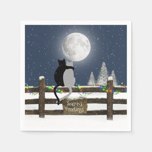 Kerstkatten op Omheining met maan Servet (Voorkant)