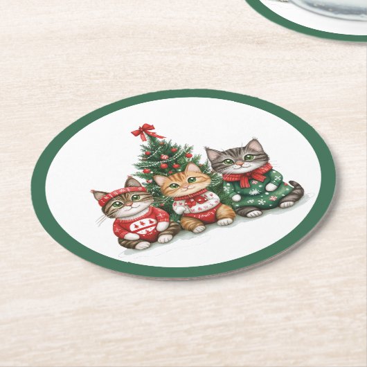 kerstkatten ronde kartonnen onderzetter (Gebogen)