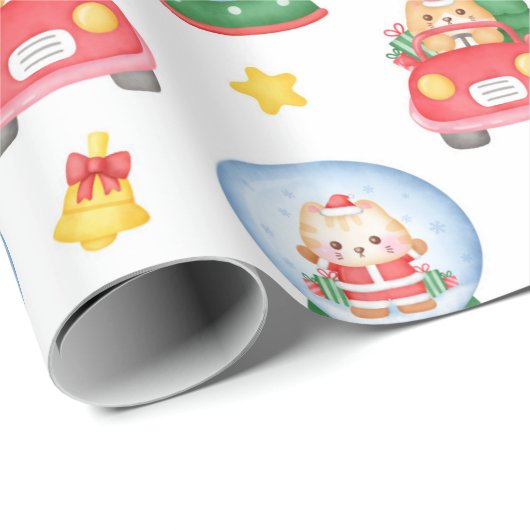 Kerstkatten Snowglobes op wit Cadeaupapier (Rol Hoek)