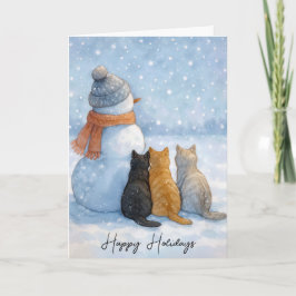 Kerstkatten zittend met een sneeuwman in een veld kaart