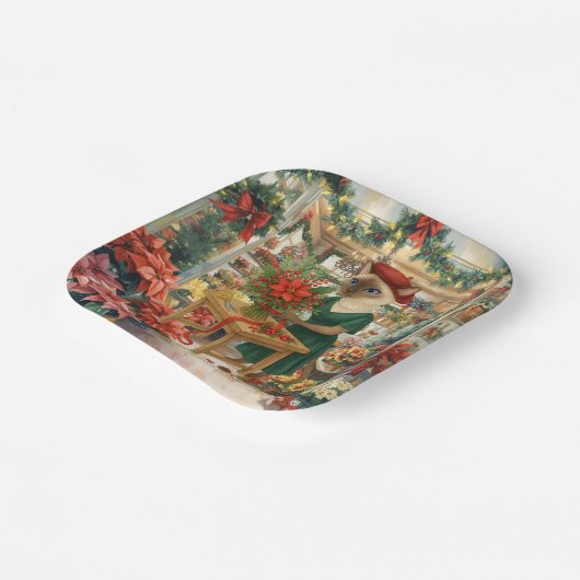 Kerstkattenbloemist is bloemen aan het regelen papieren bordje (Gebogen)