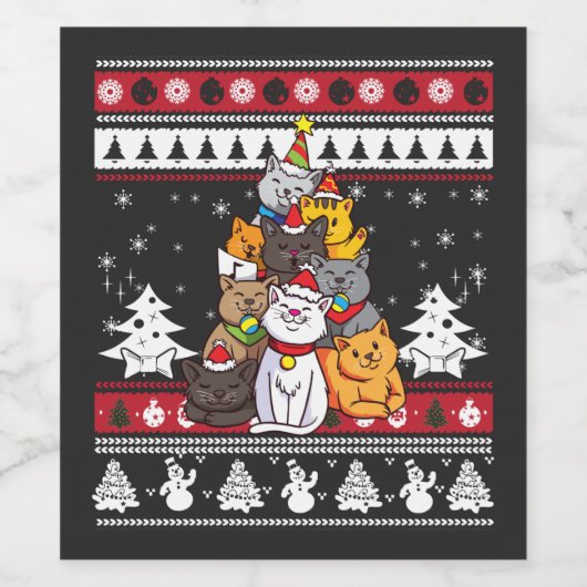 kerstkattenboom wijn etiket (Enkel label)