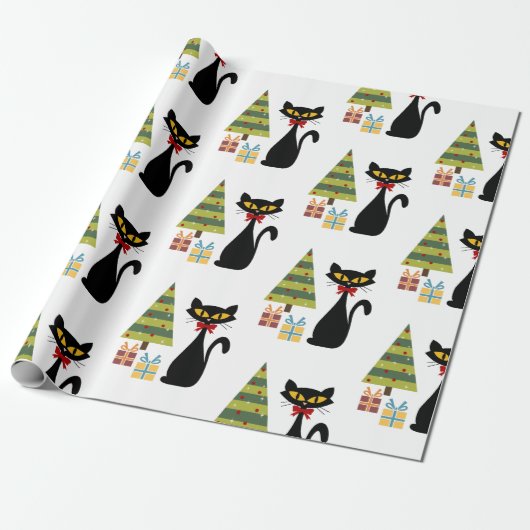 Kerstkattenpapier uit de midden van de eeuw cadeaupapier (Uitgerold)