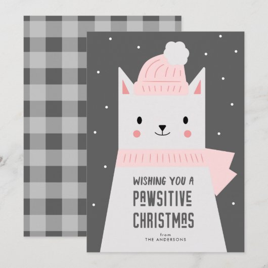 Kerstkattenwoordspeling, Schattige Kat Pawsitive Feestdagenkaart (Voorkant / Achterkant)