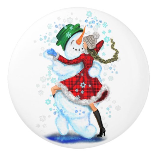 Kerstkeramische Knob Snowman en Girl Dance Keramische Knop (Voorkant)