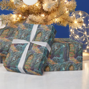 Kerstkerk in vintage stijl met glas-in-loodraam cadeaupapier
