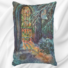 Kerstkerk met glas-in-loodraam in vintage stijl accent kussen