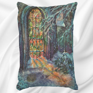 Kerstkerk met glas-in-loodraam in vintage stijl accent kussen