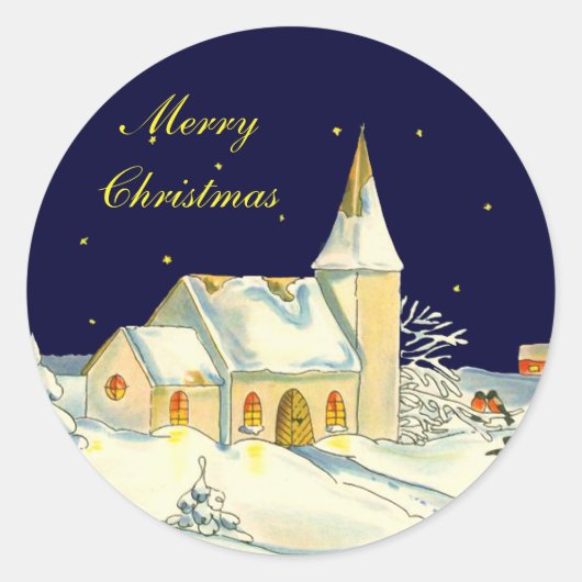 Kerstkerk winterscène ronde sticker (Voorkant)