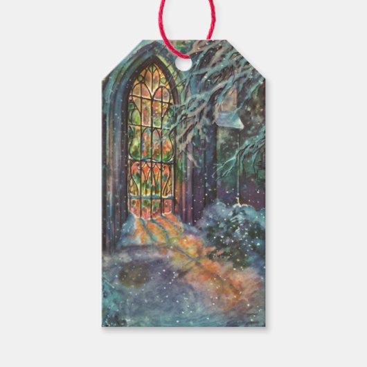 Kerstkerkkerk met Glas in lood raam Cadeaulabel (Voorkant)