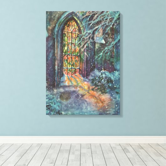 Kerstkerkkerk met Glas in lood raam Canvas Afdruk (Insitu (Houten vloer))