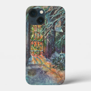 Kerstkerkkerk met Glas in lood raam iPhone 13 Mini Hoesje