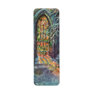 Kerstkerkkerk met Glas in lood raam Etiket