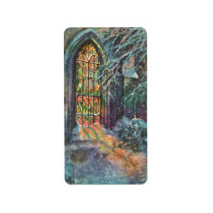 Kerstkerkkerk met Glas in lood raam Etiket