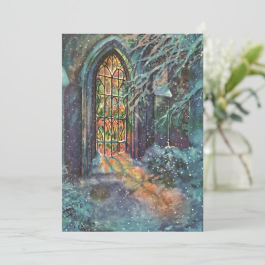 Kerstkerkkerk met Glas in lood raam Feestdagenkaart (Staand voorkant)