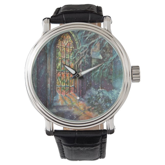 Kerstkerkkerk met Glas in lood raam Horloge (Voorkant)