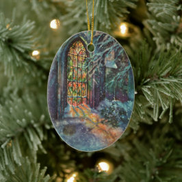 Kerstkerkkerk met Glas in lood raam Keramisch Ornament